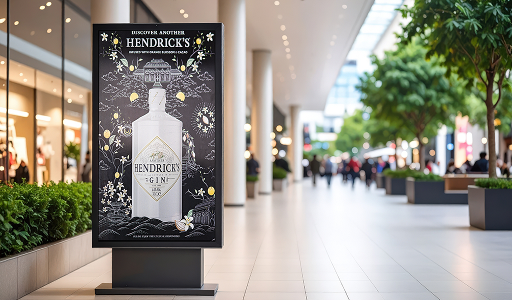 Einkaufs- und Messezentren Lentikular Beispielbild von einer Gin Flasche in der Fussgängerzone